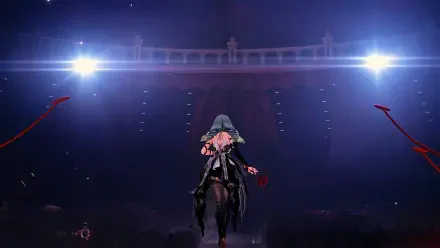 HD PC desktop wallpaper of Phrolova from the video game Wuthering Waves: backlit onstage beneath twin spotlights, cloak billowing against a dramatic, misty arena backdrop.