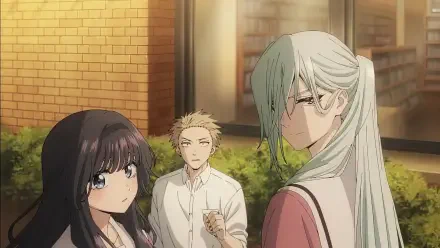 Anime HD PC desktop background from The Fragrant Flower Blooms With Dignity featuring Rintarou Tsumugi, Kaoruko Waguri, and Subaru Hoshina together on a warm sunset street.