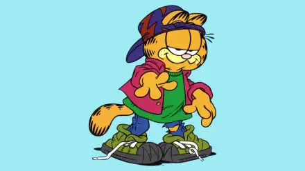 Cartoon TV-show Garfield in drip streetwear—backwards cap, hoodie, baggy pants and oversized sneakers—grinning on a cyan HD PC desktop wallpaper.