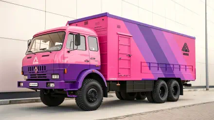 Pink and purple Kamaz truck parked beside a pale wall — 4K Ultra HD PC desktop wallpaper and background.