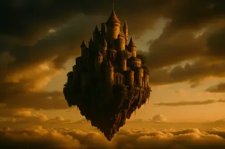 4K Ultra HD PC desktop wallpaper and background showing a dramatic floating castle hovering above golden clouds at sunset