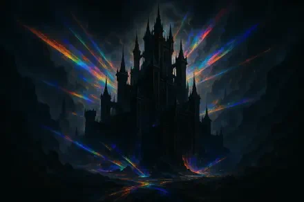 Dark fortress silhouette rising from storms as prismatic light shards cut through brooding clouds — 4K Ultra HD PC desktop wallpaper and background.