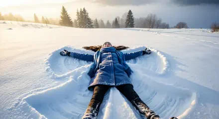 Person lying in fresh snow making a snow angel at sunrise among pine trees — 4K Ultra HD PC desktop wallpaper and background.