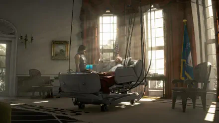 4K Death Stranding 2: On The Beach wallpaper — Sam Porter Bridges at a cable-attached hospital bed in a sunlit, stately room.