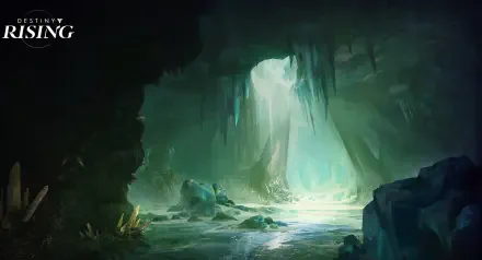 Destiny: Rising video game HD PC wallpaper - a luminous crystal cave with emerald pools, hanging stalactites and a distant shaft of light over alien rock formations.