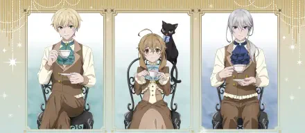 Anime HD PC desktop wallpaper for Secrets of the Silent Witch: three characters in ornate panels — a young witch with a black cat sips tea center, flanked by two companions.