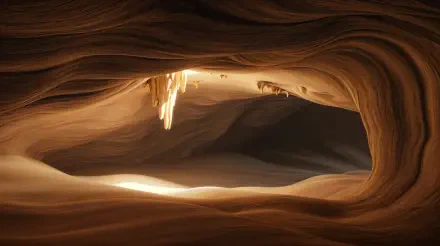 4K Ultra HD PC desktop wallpaper of a smooth sandstone cavern interior, warm golden light spilling through an opening with delicate stalactites.
