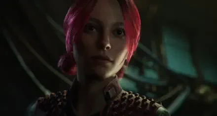 HD PC desktop wallpaper: close-up of a video game character from Spine - This is Gun Fu, a pink-haired woman in moody lighting wearing a studded jacket against an industrial background.