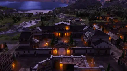 Night view of a fortified Roman-era town from the video game Anno 117: Pax Romana, HD PC desktop wallpaper and background with lit buildings, stone walls and distant hills.