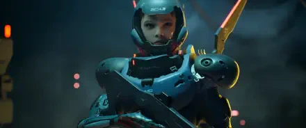 HD PC desktop wallpaper from the video game Metal Eden: sci-fi woman in armored exosuit helmet, holding a weapon against a neon-lit futuristic backdrop.