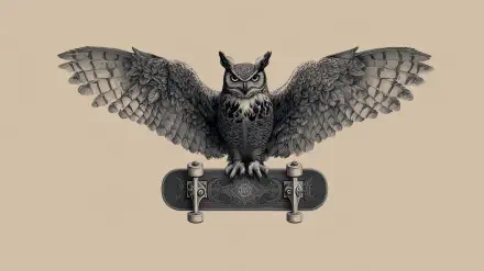 AI art HD PC desktop wallpaper: detailed monochrome owl with wings spread, perched on a skateboard against a neutral beige background.