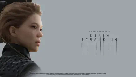 HD PC desktop wallpaper showing a close-up side profile of a woman from the video game Death Stranding on a minimalist gray background with the Death Stranding title/logo.