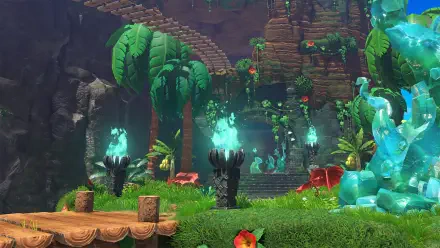 Donkey Kong Bananza HD PC desktop wallpaper: lush tropical jungle with wooden platform, glowing torches, blue crystal formations and stone steps leading deeper into a verdant cavern.