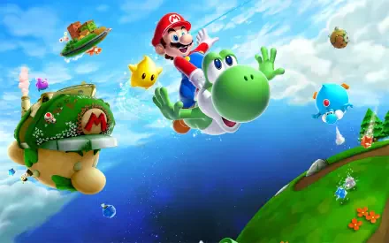 Super Mario Galaxy 2 HD PC desktop wallpaper: Mario riding Yoshi above colorful planets, Lumas and floating islands against a bright, starry sky.