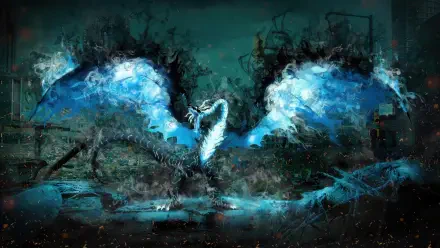 Anime 4K Ultra HD PC wallpaper of Kaisel (Solo Leveling) with glowing blue ethereal wings unfurling over a ruined cityscape.