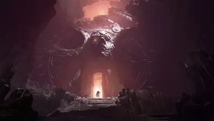 HD PC desktop wallpaper and background — Mistfall Hunter video game scene: a lone hunter silhouette faces a colossal horned skull portal inside a misty cavern, lit by eerie orange light.