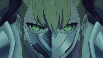 Kikoru Shinomiya from Kaiju No.8 — close-up of her masked face and glowing green eyes; HD PC desktop wallpaper background.