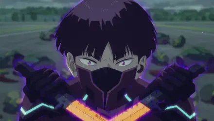 HD PC desktop wallpaper showing Kaiju No. 8's Soushirou Hoshina in a black mask and glowing purple armor, intense eyes staring from a blurred battlefield background.