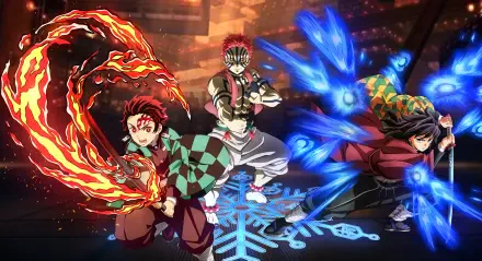 Anime 4K Ultra HD PC desktop wallpaper of Demon Slayer: Kimetsu no Yaiba — The Movie: Infinity Castle, heroes unleashing blazing and crackling attacks across a dramatic battlefield.