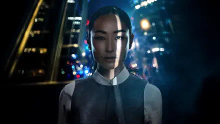 Tron: Ares 4K Ultra HD PC desktop wallpaper — close-up of a helmetless Tron character with a vertical light stripe on their face, set against a neon, rain-soaked cyberpunk cityscape.