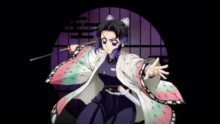 4K Ultra HD PC desktop wallpaper: Shinobu Kocho from Demon Slayer: Kimetsu no Yaiba, poised with sword and butterfly haori before a circular shoji window on a black background.
