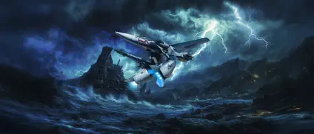 Robotech/Macross VF fighter soaring over a turbulent, lightning-lit ocean toward jagged rocks — dramatic HD PC desktop wallpaper and background.