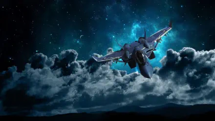 Robotech/Macross 4K Ultra HD desktop wallpaper: a Valkyrie-style fighter jet soaring above moonlit clouds against a teal starfield, with a Lynn Minmei-themed atmosphere.
