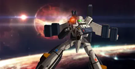 Robotech/Macross mecha in space — a transforming Valkyrie-style fighter aiming its weapon before a glowing planet and nebula, 4K Ultra HD PC desktop wallpaper.