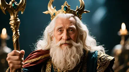 4K Ultra HD PC desktop wallpaper of a majestic elderly king with white beard, gold crown and staff, ornate robes and a dramatic dark blue background.