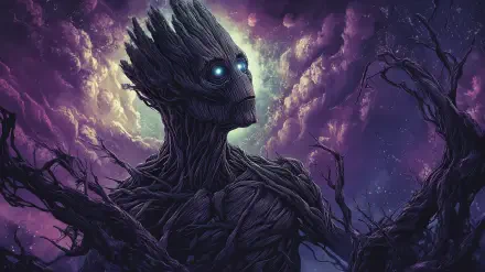 Groot from Marvel Comics' Guardians of the Galaxy: towering wooden humanoid with glowing blue eyes and gnarled branches against a dramatic purple cosmic sky — HD PC desktop wallpaper.
