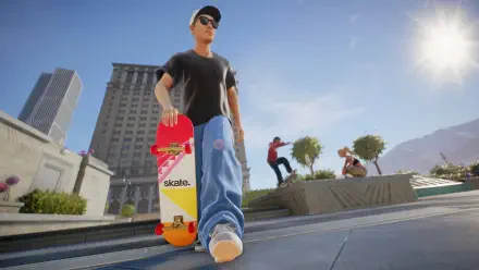 HD PC desktop wallpaper of Skate (video game): stylized skateboarder in sunglasses carrying a colorful deck across an urban plaza while others skate under a bright sun.