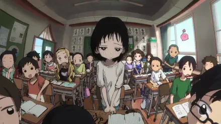 HD PC wallpaper from Takopi's Original Sin: a pale, somber girl with dark hair leans over her desk in a crowded classroom of varied classmates.