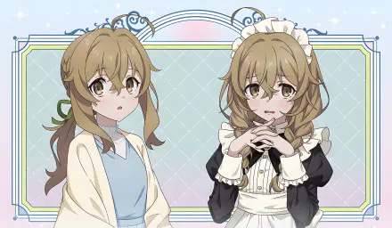 Anime 4K Ultra HD PC wallpaper: Monica Everett from Secrets of the Silent Witch, shown twice — casual dress and maid outfit on a pastel, ornate framed background.