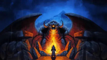 Against the Storm — 4K Ultra HD PC desktop wallpaper and background: lone figure faces a towering horned, winged demon, fire blazing against a storm-lit blue cavern.