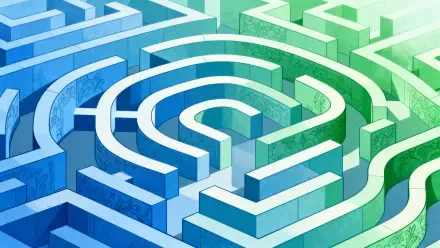 3D blue-to-green labyrinth maze rendered as a 4K Ultra HD PC desktop wallpaper background, top-down view of curved paths and raised walls with subtle texture and depth.