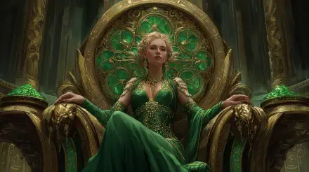 4K Ultra HD PC desktop wallpaper: a royal woman princess in an emerald gown seated on an ornate golden throne, radiating regal authority and elegant presence.