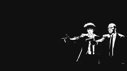 HD black anime desktop wallpaper: high-contrast white silhouettes of Cowboy Bebop's Spike Spiegel and Jet Black aiming handguns against a deep black background.