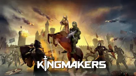 HD PC desktop wallpaper background for the video game Kingmakers: armored monarch on rearing horse leads soldiers amid siege and burning castle.