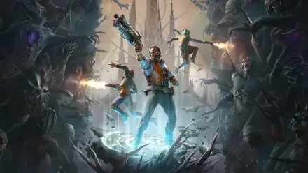 HD PC desktop wallpaper and background of Painkiller video game gaming art: a lone gunman stands in a glowing rune circle, firing at swarms of shadowy demons in a gothic, ruined landscape.