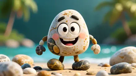 4K Ultra HD PC desktop wallpaper: cheerful anthropomorphic speckled pebble with big eyes and arms walking on sand among smooth pebbles, blurred palm trees and ocean in the background.