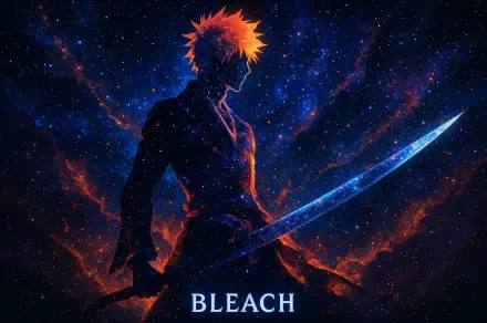 4K Ultra HD PC desktop wallpaper: Bleach's Ichigo in silhouette amid a fiery, starry nebula, holding a glowing zanpakuto; BLEACH title at the bottom.