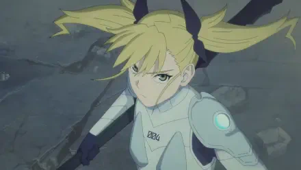 Anime HD PC desktop wallpaper of Kikoru Shinomiya from Kaiju No. 8 in a white combat suit, twin tails and stern expression, gripping her spear amid cracked concrete and rubble.