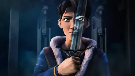 HD PC desktop wallpaper Wolf King — young man holds a sword to his face, image split showing a human eye and a glowing wolf eye, shadowy throne-room background.