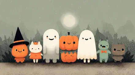 Cute Halloween 4K Ultra HD PC desktop wallpaper: smiling pumpkin stack, two ghosts, tiny witch, cat, bat and monster holding hands under a full moon.