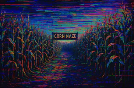 4K Ultra HD PC desktop wallpaper/background: neon-glitch corn maze aisle between towering stalks under a dusky sky, a glowing CORN MAZE sign centered in the distance.