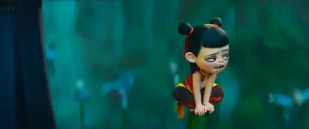 Anime movie Ne Zha character crouches atop a pole with a weary face against a teal blurred backdrop — 2K Quad HD PC desktop wallpaper/background.