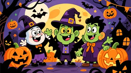Colorful trick-or-treat cartoon: three kids in witch and monster costumes amid pumpkins, bats, and full moon — 4K Ultra HD PC desktop wallpaper/background.