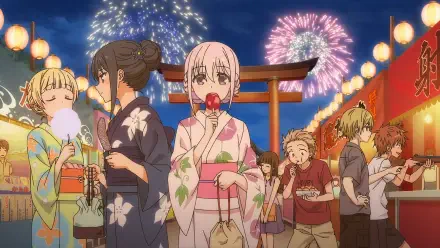 Anime HD PC desktop wallpaper and background: Inexpressive Kashiwada in a pink yukata holding a candy apple, with expressive Oota and friends amid lanterns and fireworks at a festival.