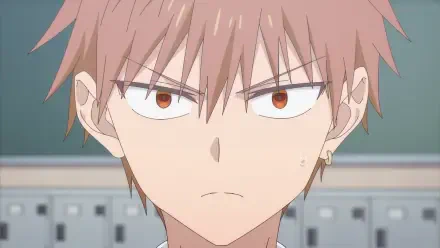 Anime HD desktop wallpaper: close-up of Oota (Inexpressive Kashiwada and Expressive Oota) — stern Kashiwada/Oota with light brown hair and a blurred classroom background.