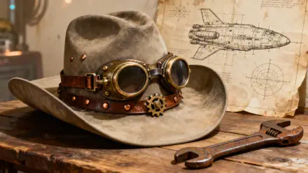 4K Ultra HD PC desktop wallpaper: weathered cowboy hat with steampunk goggles and gear on a wooden workbench beside airship blueprints and a wrench.